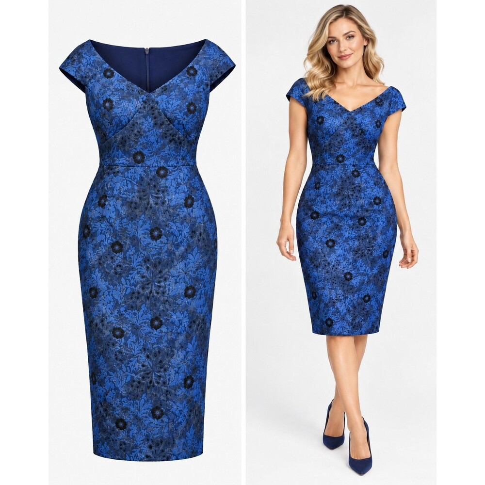 Zac Posen US 12 Blue Floral Metallic Jacquard Sheath Cocktail Dress Cap Sleeve